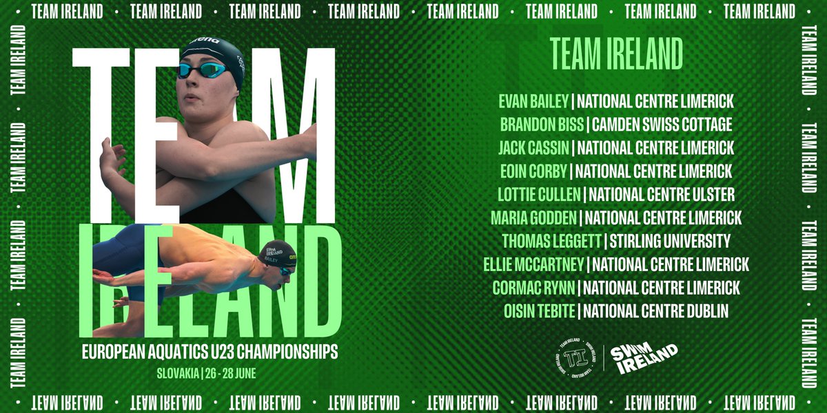 𝐓𝐄𝐀𝐌 𝐀𝐍𝐍𝐎𝐔𝐍𝐂𝐄𝐌𝐄𝐍𝐓 | 𝐄𝐔𝐑𝐎𝐏𝐄𝐀𝐍 𝐀𝐐𝐔𝐀𝐓𝐈𝐂𝐒 𝐔𝟐𝟑 𝐂𝐇𝐀𝐌𝐏𝐈𝐎𝐍𝐒𝐇𝐈𝐏𝐒  

Ten Irish swimmers will head to Slovakia in June to don the green jacket for just the second edition of the European Aquatics U23 Championships ☘️  

LET'S GO!

Full