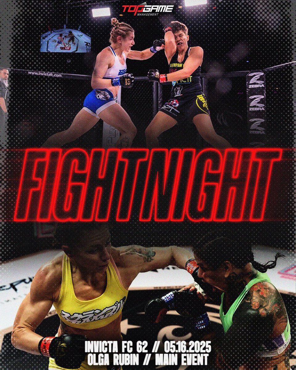 🚨 FIGHT NIGHT

Olga Rubin is YOUR main event tonight at Invicta FC 62! The action begins tonight at 7 PM ET on CBS Sports Network.

Don’t miss it… let’s go Olga! 🥊

#TeamTopGame #InvictaFC62

Art by TJ Carvalho 🖼️