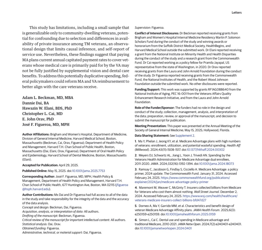 Jose Figueroa, MD, MPH (@joefigs2) on Twitter photo Many Vets enrolling in Medicare Advantage get zero care paid by plans.
MA insurers argue that vets get extra benefits (vision + dental).
But in new <a href="/JAMA_current/">JAMA</a> study, we find that this claim is NOT actually the truth.
<a href="/AdamLBeckman/">Adam Beckman MD</a> <a href="/HarvardChanSPH/">Harvard T.H. Chan School of Public Health</a>
jamanetwork.com/journals/jama/… Many Vets enrolling in Medicare Advantage get zero care paid by plans.
MA insurers argue that vets get extra benefits (vision + dental).
But in new <a href="/JAMA_current/">JAMA</a> study, we find that this claim is NOT actually the truth.
<a href="/AdamLBeckman/">Adam Beckman MD</a> <a href="/HarvardChanSPH/">Harvard T.H. Chan School of Public Health</a>
jamanetwork.com/journals/jama/…