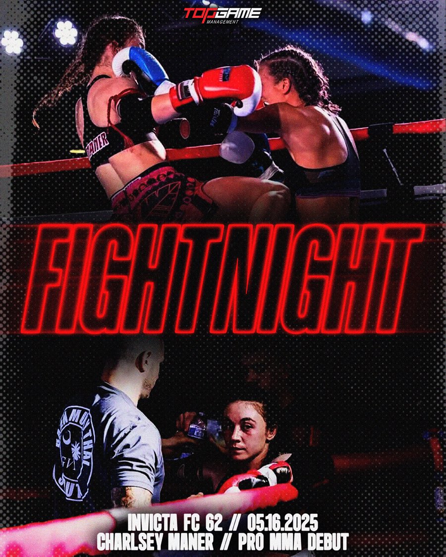 🚨 FIGHT NIGHT

Catch the pro debut of Charlsey Maner at Invicta FC 62 tonight! CBS Sports Network starting at 7 PM. 

The genesis of a great pro career starts this evening! Let’s go Charlsey!

#TeamTopGame #InvictaFC62

Art by TJ Carvalho 🎨