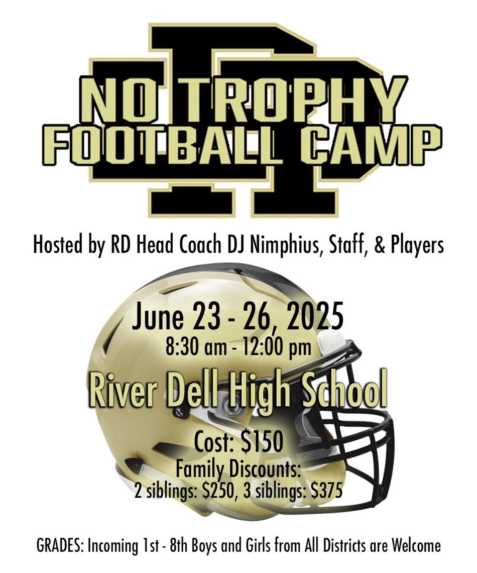 Coach Halabi (@coachhalabi) on Twitter photo Reminder to sign up now for No Trophy Camp. Open to any and all districts. Open to any incoming 1st-8th graders. No trophies, just ice pops and football. <a href="/RiverDellHawks/">River Dell Athletics</a> <a href="/RDHSFootball/">River Dell Football</a> #AllHawkedUp
docs.google.com/forms/d/e/1FAI⦠Reminder to sign up now for No Trophy Camp. Open to any and all districts. Open to any incoming 1st-8th graders. No trophies, just ice pops and football. <a href="/RiverDellHawks/">River Dell Athletics</a> <a href="/RDHSFootball/">River Dell Football</a> #AllHawkedUp
docs.google.com/forms/d/e/1FAIā¦