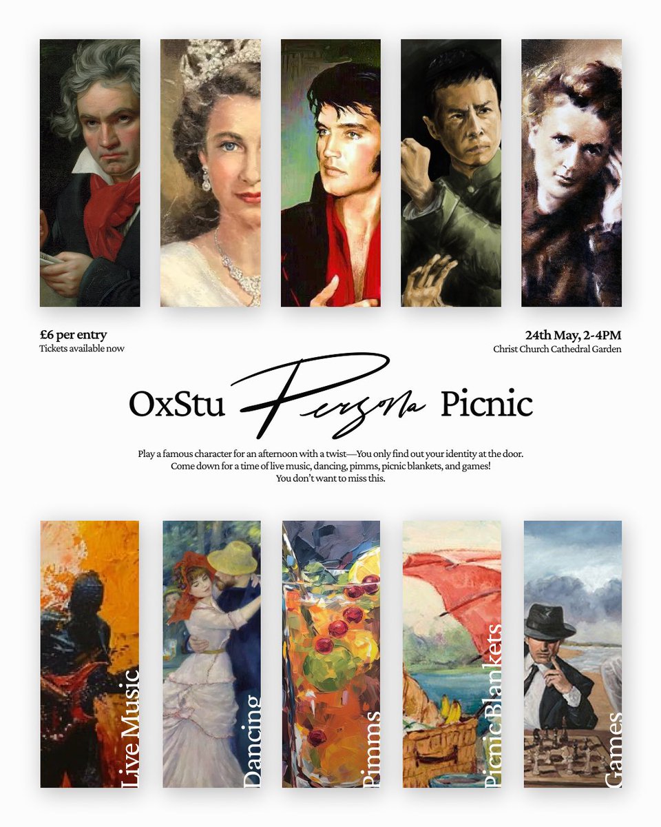 TheOxStu's tweet photo. Come down for OxStu’s first Picnic Party like no other. There will be games and there will be music. Bring your wit as Black Adder or half an ear as Van Gogh, and enjoy the abundance of Pimms and OxStu Papers to bring home. Tickets available here: https://t.co/m744M3LzaT https://t.co/xd0mqcU2bD