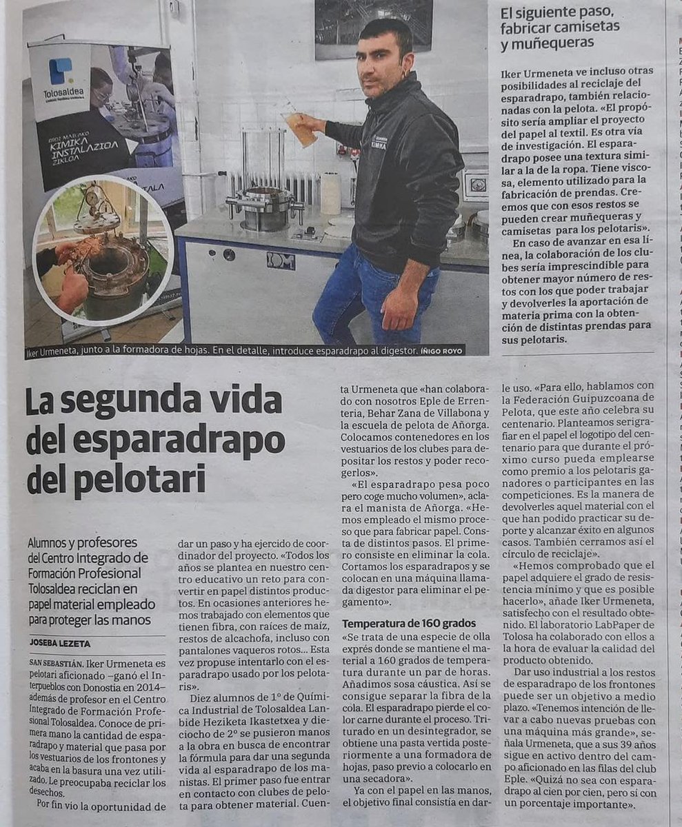 Tolosaldea LH (@tolosaldealh) on Twitter photo Kimika industrialeko alorkideak aurrera eramaten ari diren pilotako esparatrapu hondakinetatik papera lortze proiektuari buruz gehiago jakin nahi? š <a href="/diariovasco/">El Diario Vasco</a>-n irakurgai
diariovasco.com/deportes/pelot⦠Kimika industrialeko alorkideak aurrera eramaten ari diren pilotako esparatrapu hondakinetatik papera lortze proiektuari buruz gehiago jakin nahi? š <a href="/diariovasco/">El Diario Vasco</a>-n irakurgai
diariovasco.com/deportes/pelotā¦