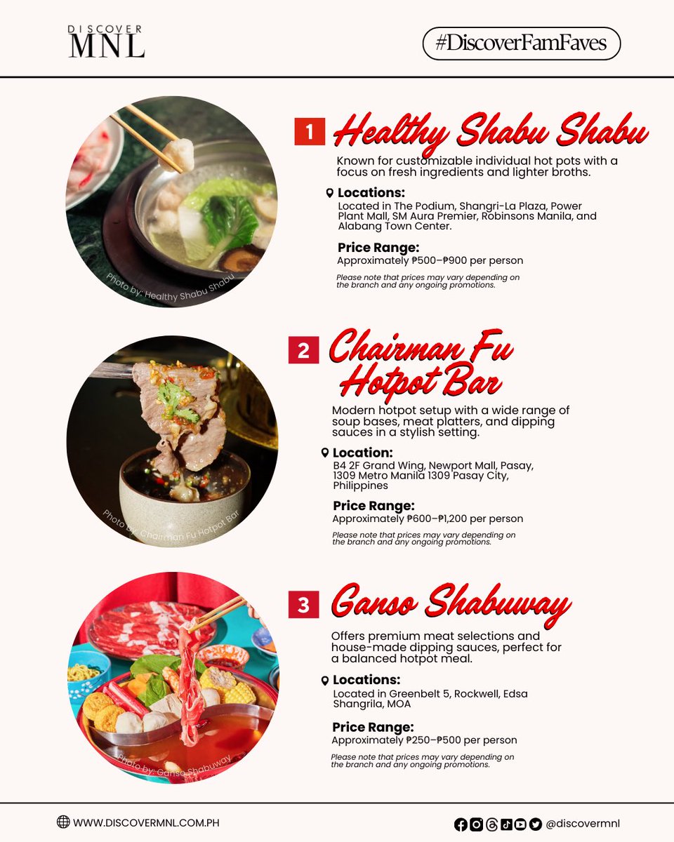 DiscoverMnl's tweet photo. This is it, #DiscoverFam! The results are in! ✨ We listed your top faves when it comes to hotpot and shabu-shabu — from fresh and healthy bowls to bold, spicy broths and all-you-can-eat indulgence! 🔥🍲
#DMFoodSeries
#DiscoverMNL https://t.co/IbobxIQ15t