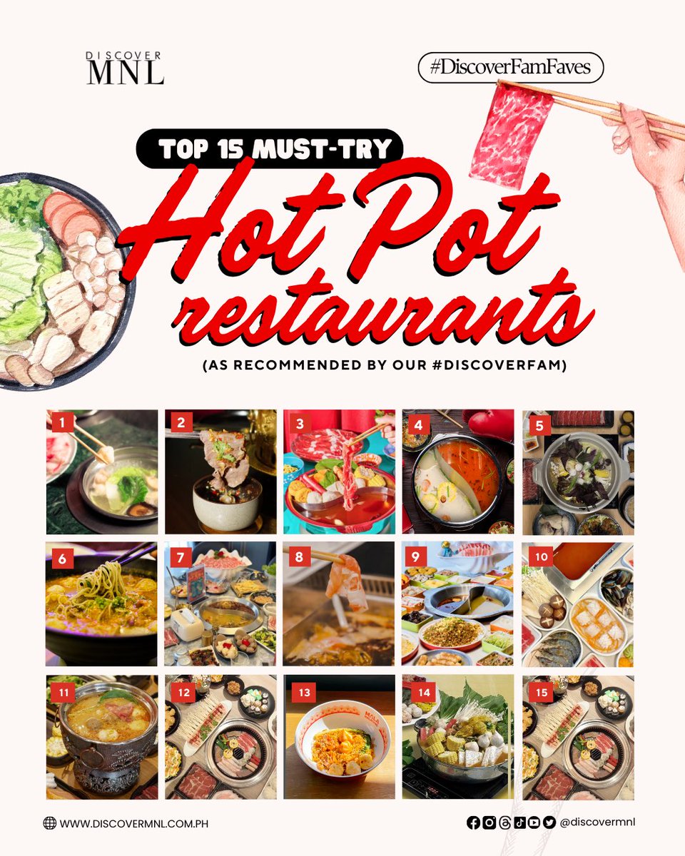 DiscoverMnl's tweet photo. This is it, #DiscoverFam! The results are in! ✨ We listed your top faves when it comes to hotpot and shabu-shabu — from fresh and healthy bowls to bold, spicy broths and all-you-can-eat indulgence! 🔥🍲
#DMFoodSeries
#DiscoverMNL https://t.co/IbobxIQ15t