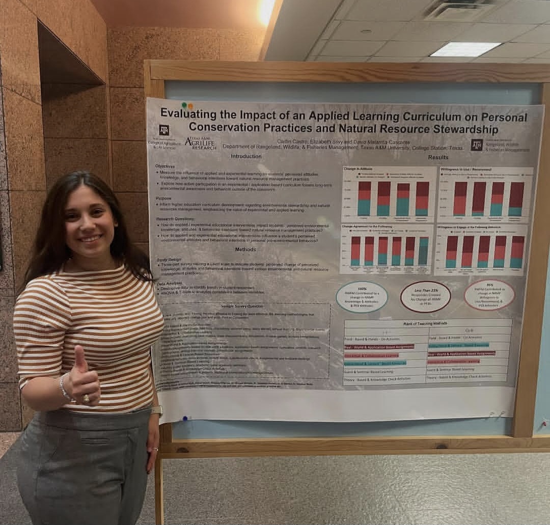 TAMU Department of Rangeland, Wildlife & Fisheries (@tamurwfm) on Twitter photo Caitlin Castro represented RWFM at the first <a href="/aglifesciences/">TAMU College of Agriculture & Life Sciences π</a> Undergraduate Research Symposium. Through her project, Castro found that applied, hands-on learning led to increased knowledge and stronger pro-environmental intentions. #GigEm #WeAreRWFM #UndergraduateResearch Caitlin Castro represented RWFM at the first <a href="/aglifesciences/">TAMU College of Agriculture & Life Sciences π</a> Undergraduate Research Symposium. Through her project, Castro found that applied, hands-on learning led to increased knowledge and stronger pro-environmental intentions. #GigEm #WeAreRWFM #UndergraduateResearch