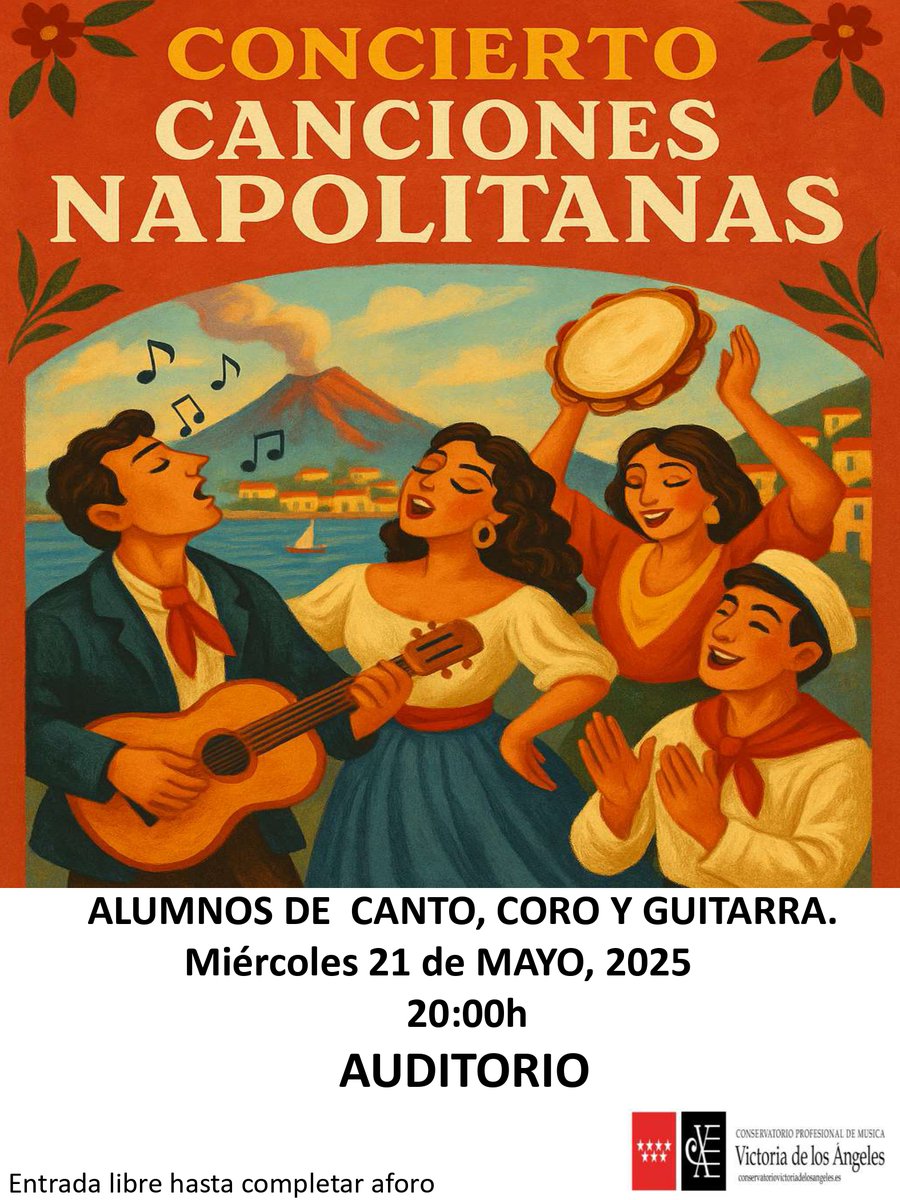El próximo 21 de mayo,20h en el auditorio tendrá lugar un concierto colaborativo de las especialidades de canto, guitarra y la asignatura de coro, CANCIONES NAPOLITANAS. 
Gracias a Angélica Mansilla, Ana Jenaro y Lázaro Cabrera, profesores, por organizar y hacerlo posible
#canto