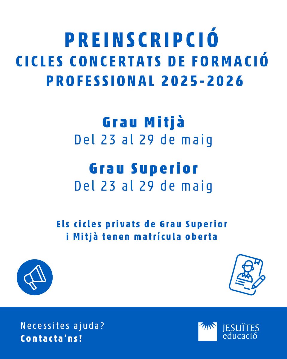jesuitesFP's tweet image. ✍🏻 Preinscripcions als cicles concertats d&apos;FP per al curs 25-26:

🗓️ Grau Mitjà: del 23 al 29 de maig

🗓️ Grau Superior: del 23 al 29 de maig

🙋🏻‍♀️ Els cicles formatius privats tenen la matrícula oberta tot l&apos;any.

📍 Per saber-ne més, segueix la informació d&apos;@educaciocat