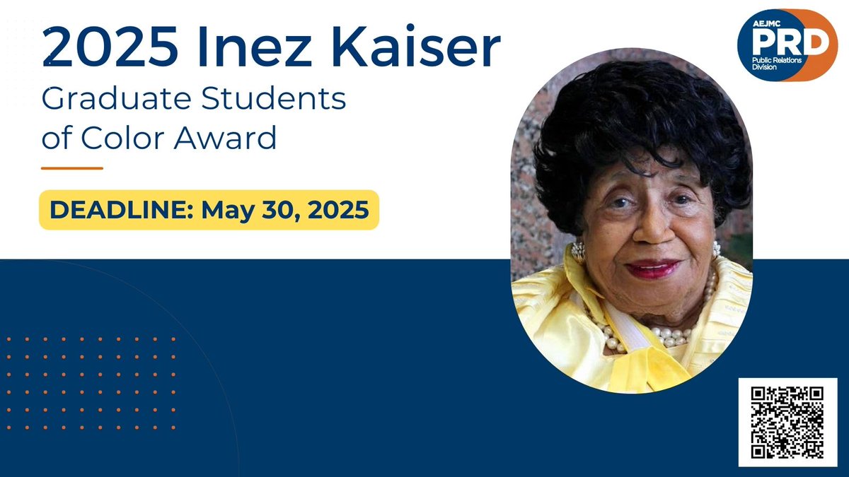 AEJMC PRD (@aejmc_prd) on Twitter photo Submit a nomination to the 2025 Inez Kaiser Graduate Student of Color Awards!
- Deadline: May 30, 2025
- Two $1,000 Awards
- Covers AEJMC membership & conference fees among others
Online application form: forms.gle/7egedCMEG7NW9m…
Contact: Nur Uysal (nur.uysal@depaul.edu) Submit a nomination to the 2025 Inez Kaiser Graduate Student of Color Awards!
- Deadline: May 30, 2025
- Two $1,000 Awards
- Covers AEJMC membership & conference fees among others
Online application form: forms.gle/7egedCMEG7NW9m…
Contact: Nur Uysal (nur.uysal@depaul.edu)