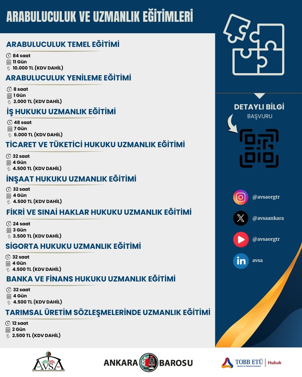 📢 Arabuluculuk ve Uzmanlık Eğitimlerinde kayıtlar başladı!
🎓 Sertifikalı, yüz yüze eğitim
📍 Ankara Barosu &amp; TOBB ETÜ
📲 Detaylı bilgi için:t.ly/Q8oAN
#arabuluculuk #avsa #TOBBETÜ 
<a href="/ankarabarosu/">Ankara Barosu</a> <a href="/muskoroglu/">Av. Mustafa Köroğlu</a> <a href="/basaksonmez/">başak</a>