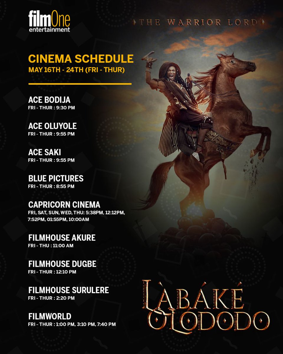 iyaboojo_'s tweet image. Labake Olododo: The Warrior Lord is still showing NATIONWIDE in Nigerian 

📽️ Showing in selected cinemas in the UK 🇬🇧 and  USA 🇺🇸 

Distributed by @Filmoneng

Tell a friend! 👫 Don't miss this epic experience! 🎥 Get tickets now!

 #LabakeOlododo  #Showing"