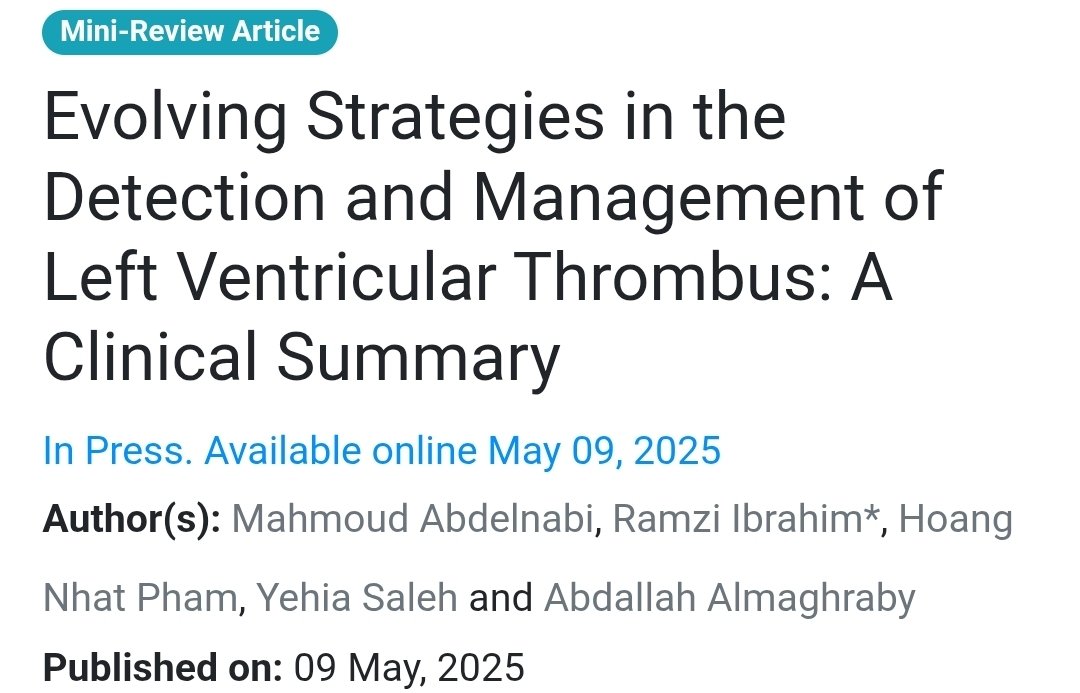 Abdallah Almaghraby (@dr_maghraby) on Twitter photo Just published, happy to share in this article with <a href="/M_H_Abdelnabi/">Mahmoud Abdelnabi</a> <a href="/YehiaSaleh_MD/">Yehia Saleh</a>
eurekaselect.com/article/148273
#LVT #NoLVT #Cardiology #ischemia Just published, happy to share in this article with <a href="/M_H_Abdelnabi/">Mahmoud Abdelnabi</a> <a href="/YehiaSaleh_MD/">Yehia Saleh</a>
eurekaselect.com/article/148273
#LVT #NoLVT #Cardiology #ischemia