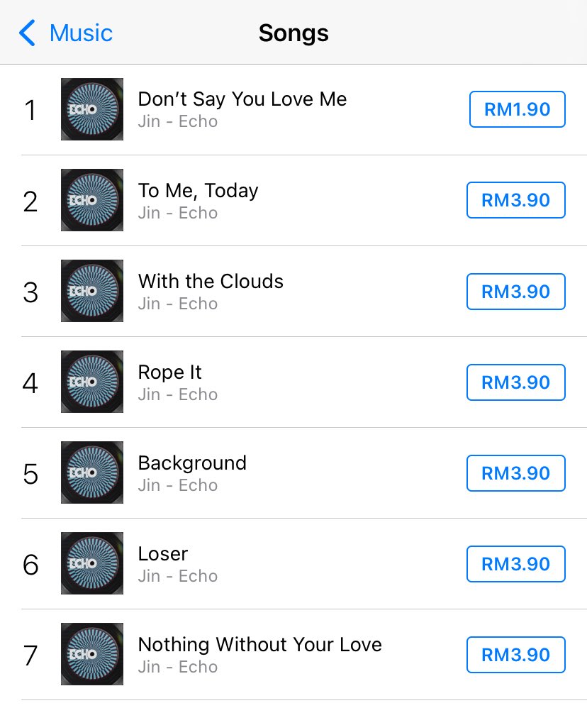BTSJIN_MY's tweet photo. iTunes Malaysia 🇲🇾 #Jin_Echo 

#1 - Don’t Say You Love Me
#2 - To Me, Today
#3 - With The Clouds 
#4 - Rope It
#5 - Background
#6 - Loser
#7 - Nothing Without Your Love 

‘Echo’ dominating iTunes Malaysia Charts! 🎉
#진 #Jin #Jin_Echo #Dont_Say_You_Love_Me https://t.co/1g1JsOHrzQ