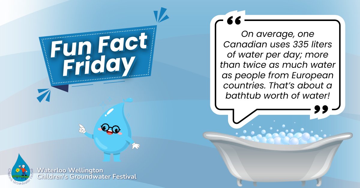 We can't believe it's our last Fun Fact Friday before the Festival! See you all in just ONE WEEK!

Fun fact: On average, one Canadian uses 335 liters of water per day; more than twice as much water as people from European countries. That’s about a bathtub worth of water!