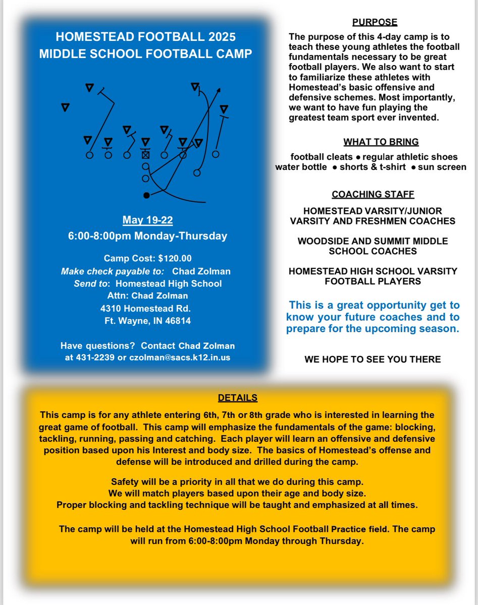 HHSSpartansFB's tweet image. There’s still time to sign up for our Middle School Football Camp!!! May 19-22