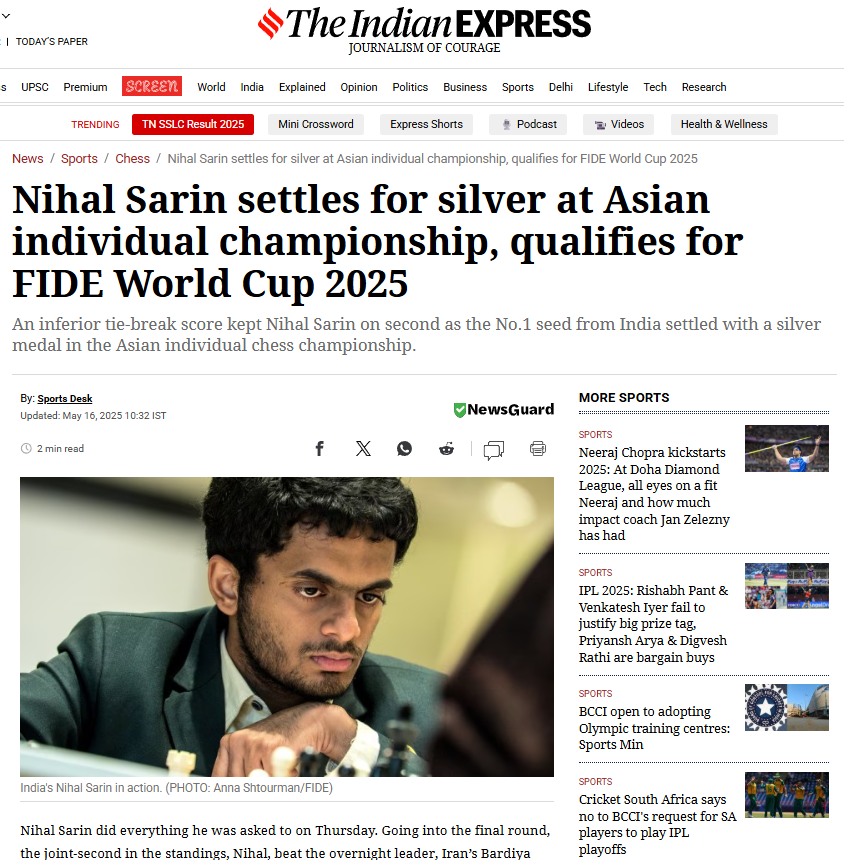 BharatKiNews_'s tweet photo. ♟️Sports Update:
Grandmaster Nihal Sarin clinches 🥈silver at the Asian Individual Championship. 👏 Also qualifies for the FIDE World Cup 2025 — another step toward global glory! 🌍🏆
Source: @IndianExpress
#NihalSarin #Chess #FIDEWorldCup2025 #AsianChess #IndiaInChess #SportsUpdate