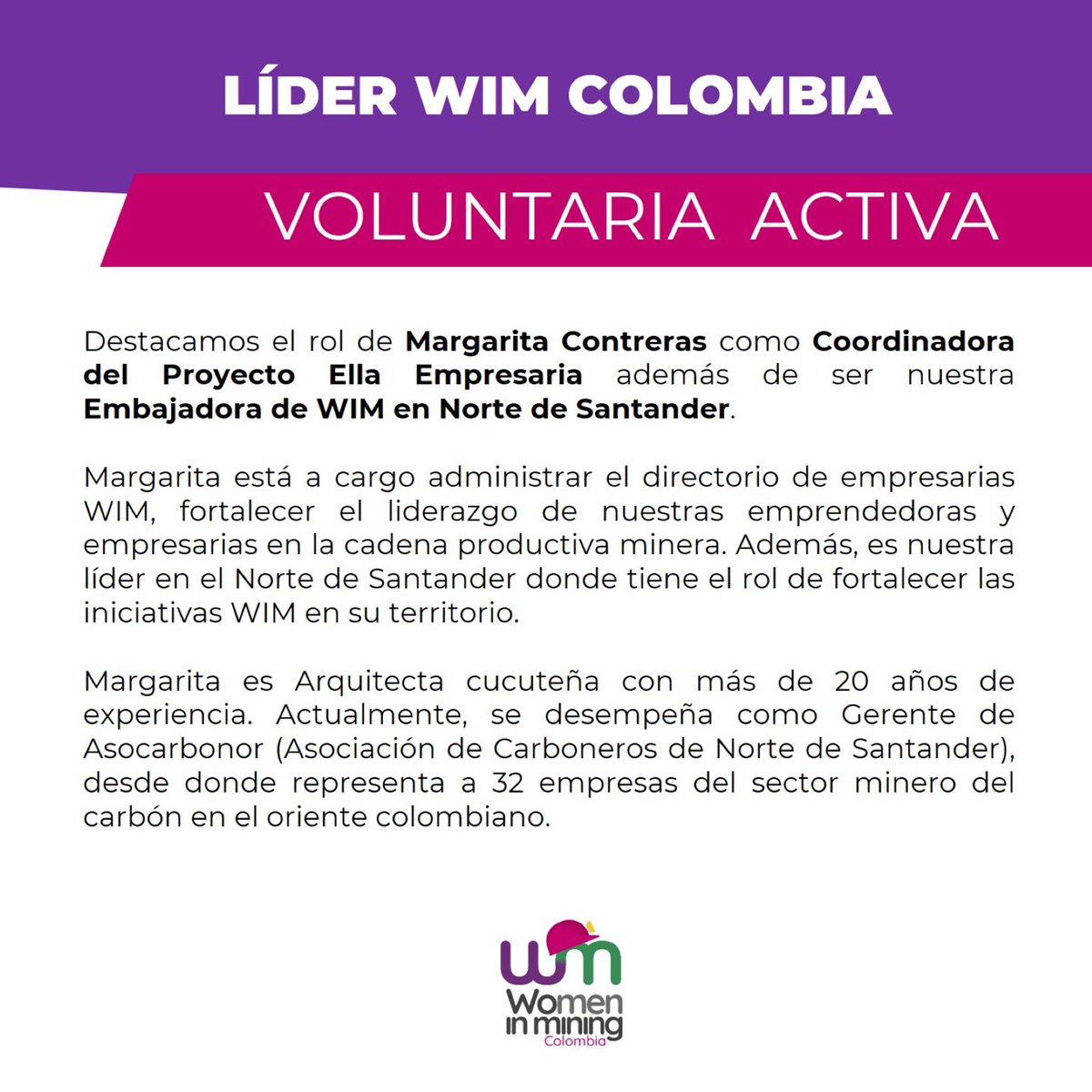 #LIDERESWIM | Destacamos el rol de Margarita Contreras como Coordinadora del Proyecto Ella Empresaria además de ser nuestra Embajadora de WIM en Norte de Santander.

📧 Regístrate en el programa Ella Empresaria en el correo: presidencia@wimcolombia.com