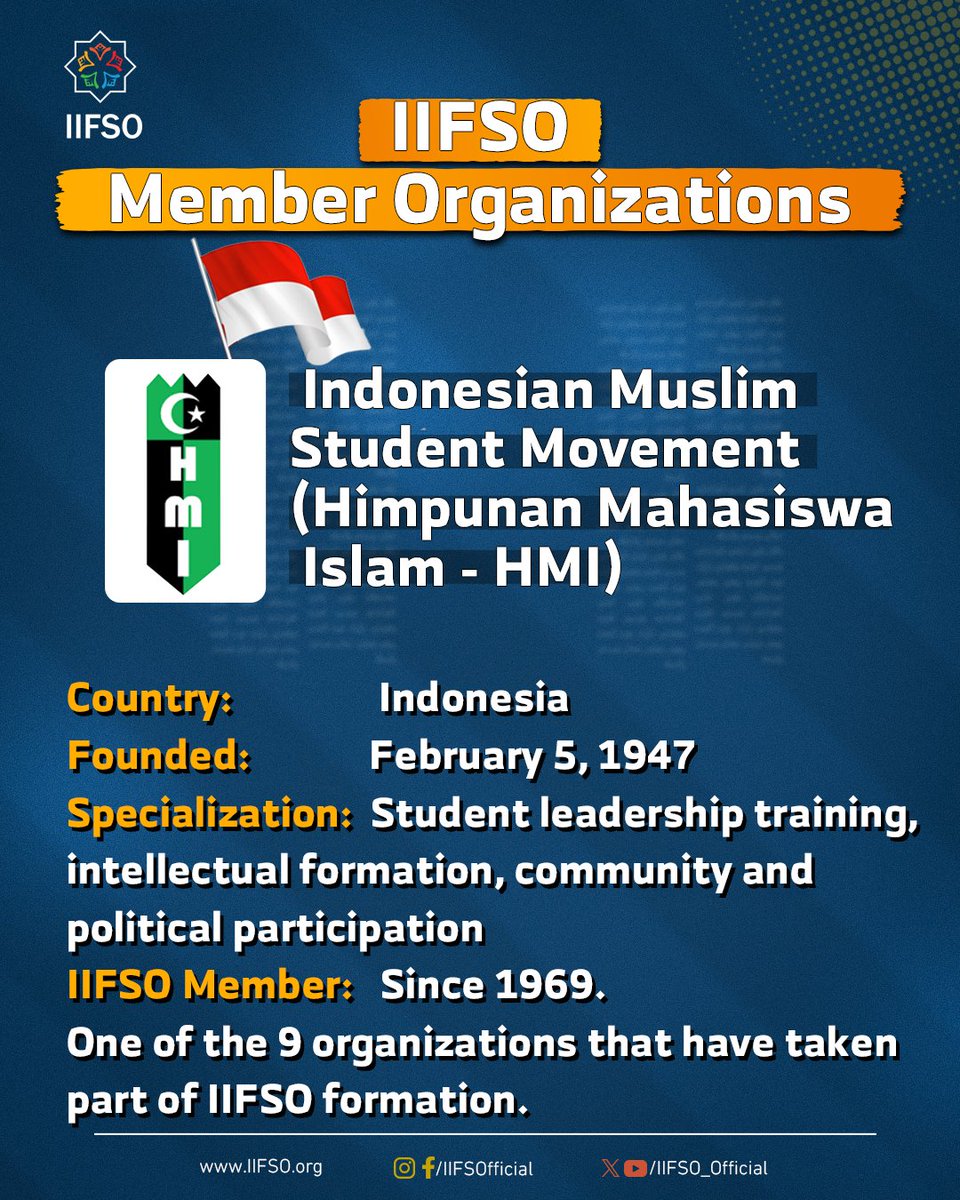 Get to know the member organizations that helped establish IIFSO.
(EN🇬🇧&amp;AR🇸🇦&amp;INDO🇮🇩) 
____________

🇬🇧
Indonesian Muslim Student Movement (Himpunan Mahasiswa Islam - HMI)
Country: Indonesia
Founded: February 5, 1947
Specialization: Student leadership training, intellectual