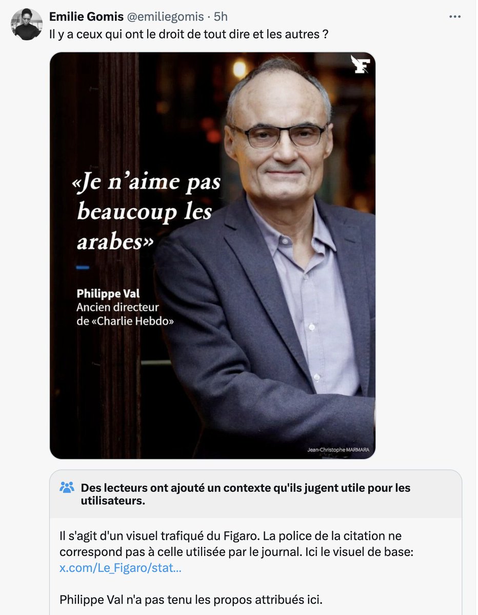 Raphaël Enthoven 🎗️ (@enthoven_r) on Twitter photo Ce visuel est un faux grossier.
Philippe Val n'a JAMAIS tenu de tels propos.
Honte à l'immonde <a href="/emiliegomis/">Emilie Gomis</a> qui dépose une cible supplémentaire dans le dos de l'homme qui, pour avoir défendu la liberté d'expression, vit sous protection policière depuis plus de 20 ans. Ce visuel est un faux grossier.
Philippe Val n'a JAMAIS tenu de tels propos.
Honte à l'immonde <a href="/emiliegomis/">Emilie Gomis</a> qui dépose une cible supplémentaire dans le dos de l'homme qui, pour avoir défendu la liberté d'expression, vit sous protection policière depuis plus de 20 ans.