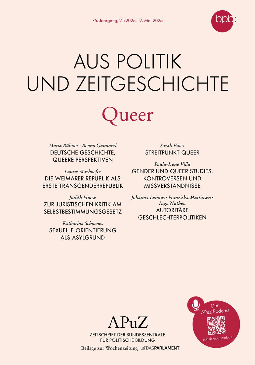 Die neue APuZ #Queer ist soeben online gegangen!

Mit Beiträgen von Marina Bühner und Benno Gammerl, Laurie Marhoefer, Judith Froese, Katharina Schoenes, Sarah Pines, Paula-Irene Villa Braslavsky, Johanna Leinius, Franziska Martinsen und Inga Nüthen.

bpb.de/shop/zeitschri…