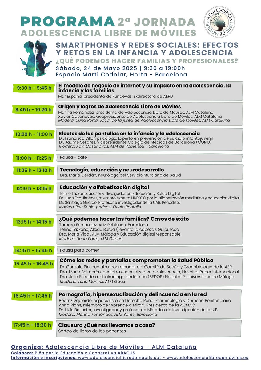 Adolescència lliure de mòbils (@alliuremobil) on Twitter photo Ja tenim el programa i els ponents per a la 2a Jornada d'Adolescència Lliure de Mòbils <a href="/ALliureMobil/">Adolescència lliure de mòbils</a>
Dissabte 24 de maig a Barcelona.
Apunteu-vos aquí: adolescencialliuredemobils.cat/jornada-adoles……
<a href="/COMBarcelona/">Col·legi Metges BCN</a> <a href="/SCPed/">SCPediatria</a> <a href="/AEPD_es/">Agencia Española de Protección de Datos</a> <a href="/SalutMentalCat/">Salut Mental Catalunya</a>
<a href="/periodistes_cat/">Col·legi de Periodistes de Catalunya</a> <a href="/joubpa/">José Ramon Ubieto</a> <a href="/MarEspanaMarti/">Mar España</a> <a href="/AnnaPlans_/">AnnaPlans</a> Ja tenim el programa i els ponents per a la 2a Jornada d'Adolescència Lliure de Mòbils <a href="/ALliureMobil/">Adolescència lliure de mòbils</a>
Dissabte 24 de maig a Barcelona.
Apunteu-vos aquí: adolescencialliuredemobils.cat/jornada-adoles……
<a href="/COMBarcelona/">Col·legi Metges BCN</a> <a href="/SCPed/">SCPediatria</a> <a href="/AEPD_es/">Agencia Española de Protección de Datos</a> <a href="/SalutMentalCat/">Salut Mental Catalunya</a>
<a href="/periodistes_cat/">Col·legi de Periodistes de Catalunya</a> <a href="/joubpa/">José Ramon Ubieto</a> <a href="/MarEspanaMarti/">Mar España</a> <a href="/AnnaPlans_/">AnnaPlans</a>