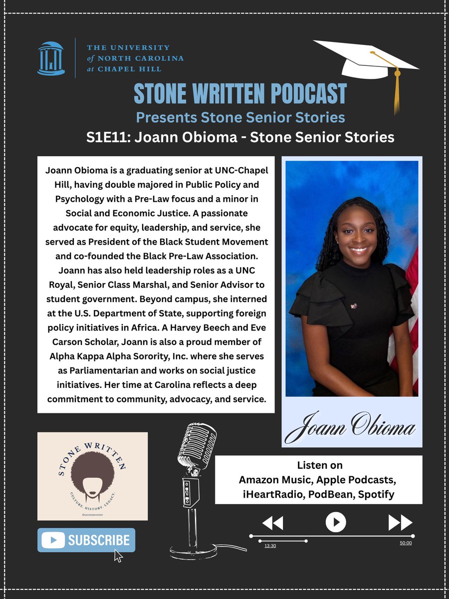Stone Written Podcast presents Stone Senior Stories; journeys of graduating seniors. Guest Host Melanie Cabrero chats with Joann Obioma who shares ﬁnding her voice as a 1st-gen student, navigating a predominantly white institution, gaining self-assurance: go.unc.edu/Dr56B