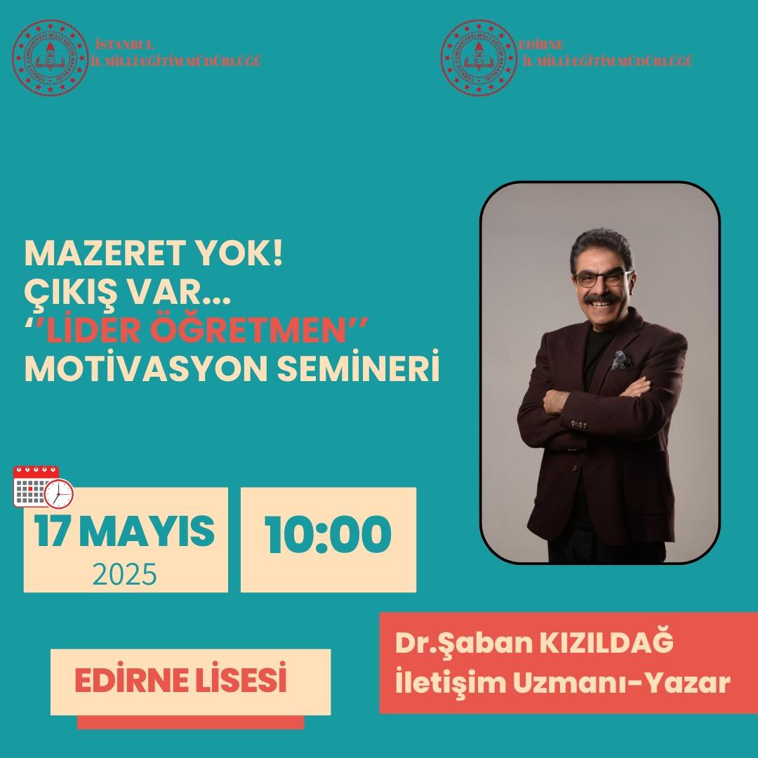 Edirne İl Millî Eğitim Müdürlüğü (@edirne_mem) on Twitter photo Müdürlüğümüz ve İstanbul İl Millî Eğitim Müdürlüğü iş birliğinde “Payitahttan Payitahta Edirne” programı kapsamında, İletişim Uzmanı-Yazar Sayın Dr. Şaban KIZILDAĞ “Mazeret Yok! Çıkış Var 'Lider Öğretmen'” konu başlığıyla öğretmenlerimizle buluşuyor.
<a href="/tcmeb/">Millî Eğitim Bakanlığı</a> <a href="/edirne_valiligi/">Edirne Valiliği</a> Müdürlüğümüz ve İstanbul İl Millî Eğitim Müdürlüğü iş birliğinde “Payitahttan Payitahta Edirne” programı kapsamında, İletişim Uzmanı-Yazar Sayın Dr. Şaban KIZILDAĞ “Mazeret Yok! Çıkış Var 'Lider Öğretmen'” konu başlığıyla öğretmenlerimizle buluşuyor.
<a href="/tcmeb/">Millî Eğitim Bakanlığı</a> <a href="/edirne_valiligi/">Edirne Valiliği</a>