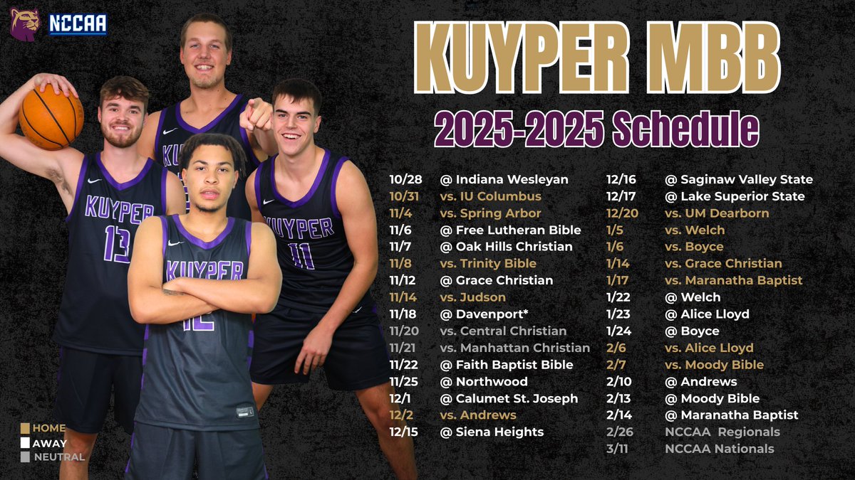 🚨 '25-'26 Schedule Release 🚨

Our season begins on October 28th, with a trip to Indiana Wesleyan!

Check out our full schedule here: kuypercougars.com/sports/mens-ba…

#GoCougars