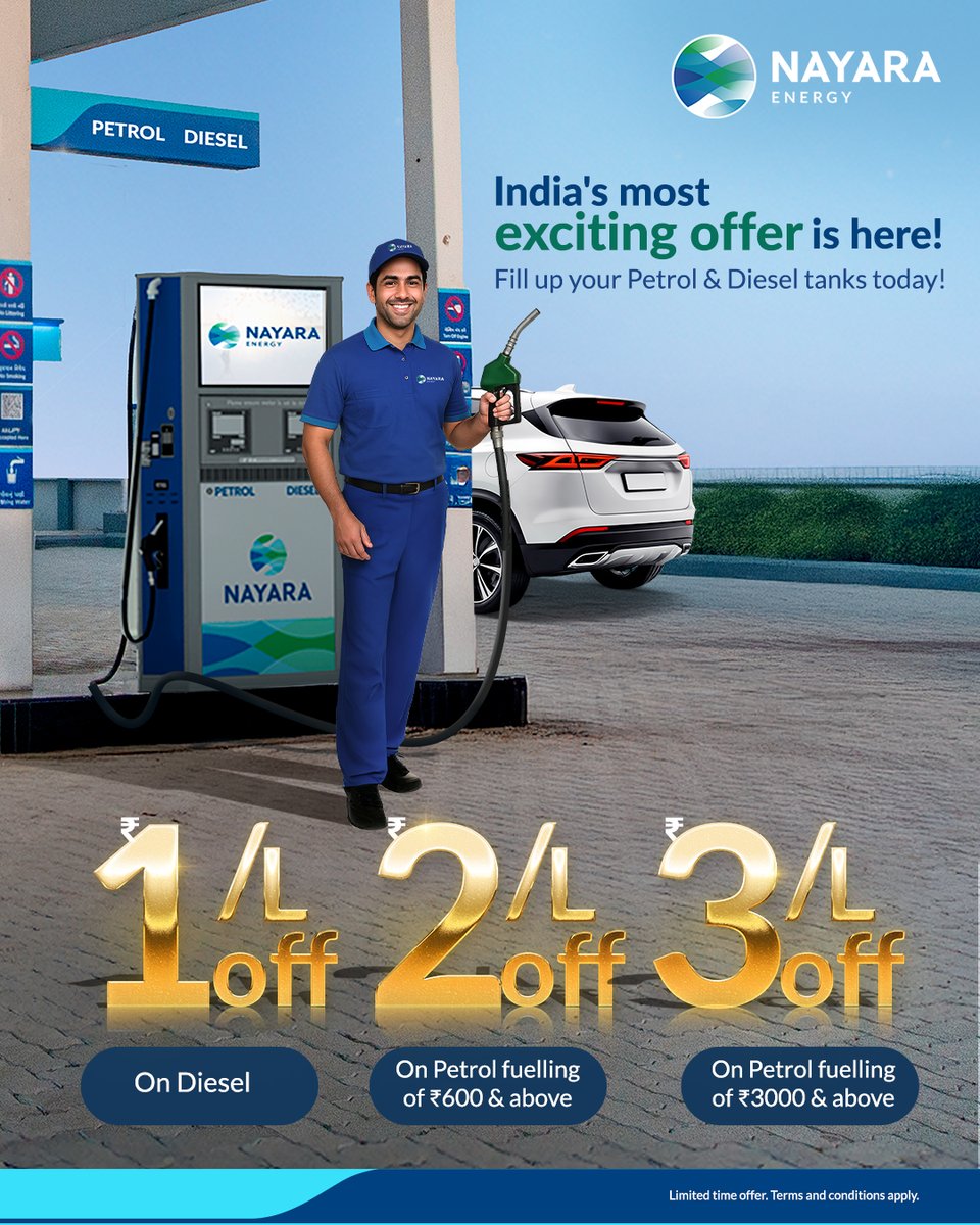 Fuelling up just got a whole lot more rewarding.
Enjoy ₹1 off per litre on Diesel and up to ₹2 and ₹3 off per litre on Petrol, only at Nayara Energy Petrol Pumps.

Drive in today to enjoy savings with every refill.

T&amp;C apply. 

#NayaraEnergy #Diesel #Petrol #offers
