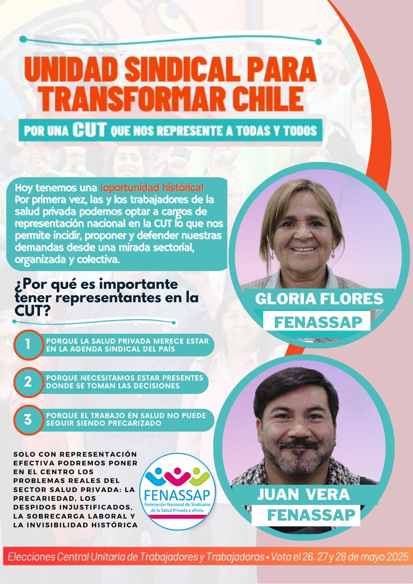 FENASSAP (@fenassap) on Twitter photo 📢#Eleccionescut2025🗳️trabajador@s de la #salud privada postulamos a cargos de representación nacional en <a href="/Cutchile/">CUT Chile ✍️🗳</a> ✊¡para que nuestra voz y demandas tenga➕fuerza!
Vota nuestr@s canditatos nacionales👉Gloria Flores <a href="/gloflowers/">gloria flores</a> (titular) y Juan Vera (suplente)<a href="/SindicatoUnifi2/">Sindicato Unificado Clínica Vespucio</a> 📢#Eleccionescut2025🗳️trabajador@s de la #salud privada postulamos a cargos de representación nacional en <a href="/Cutchile/">CUT Chile ✍️🗳</a> ✊¡para que nuestra voz y demandas tenga➕fuerza!
Vota nuestr@s canditatos nacionales👉Gloria Flores <a href="/gloflowers/">gloria flores</a> (titular) y Juan Vera (suplente)<a href="/SindicatoUnifi2/">Sindicato Unificado Clínica Vespucio</a>