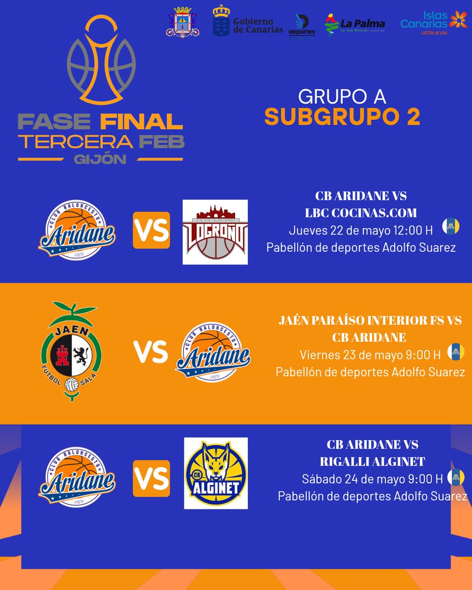 ‼️ LLEGÓ EL MOMENTO‼️

Calendario de la Fase de Ascenso – Pabellón Adolfo Suárez (Hora canaria):

🏀 22 mayo – 12:00 | CB Aridane 🆚 LBC Cocinas.com

🏀 23 mayo – 9:00 | @jaenFSbas 🆚 CB Aridane

🏀 24 mayo – 9:00 | CB Aridane 🆚 <a href="/cbalginet/">Club Basquet Alginet</a>