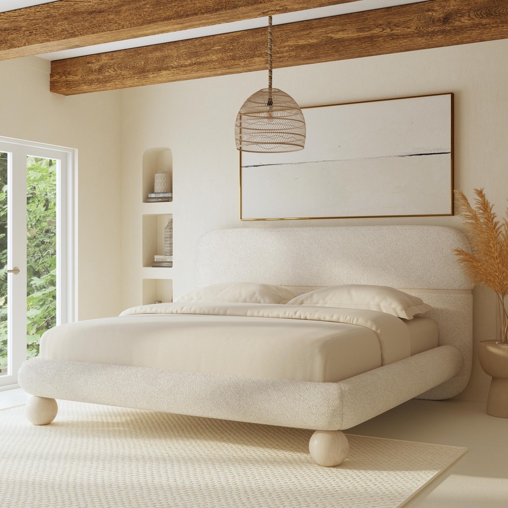 Dreaming in curves and custom finishes ✨ We are in love with the Alais bed—upholstered in an Italian ivory bouclé with ball legs and a subtle wood trim detail on the headboard that can be customized to match your mood. Choose from 12 rich wood finishes or go fully custom.