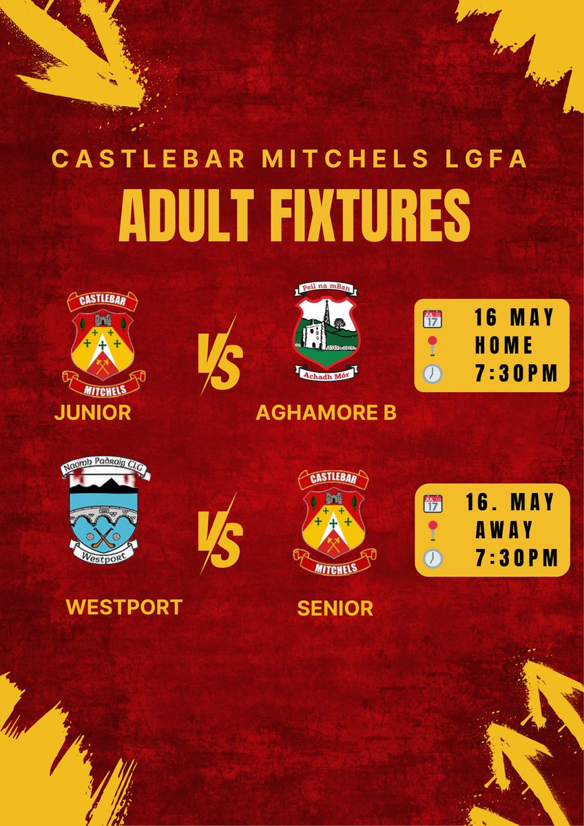 Friday Night Football! ☀️

Two big games for our adult teams this evening – and the sun is shining! No better way to spend it than supporting the lads 💪🔴🟡

Junior Team
📍 Home vs Aughmore
⏰ 7:30 PM

Senior Team
📍 Away to Westport
⏰ 7:30 PM

#Support