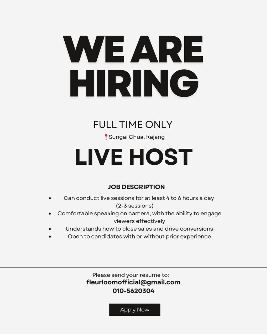 edhnlee's tweet photo. hi semua! saya sedang mencari LIVE Host (WFO only) yang boleh bekerja dalam waktu shift 

Office di Sg Chua, Kajang .

Kita bagi Basic + Commision

Product: Tudung (Plain &amp; Printed) 

Do introduce yourself with your resume attached to https://t.co/iCnurRS6cD

#kerjakosong https://t.co/p8M8Asyjod