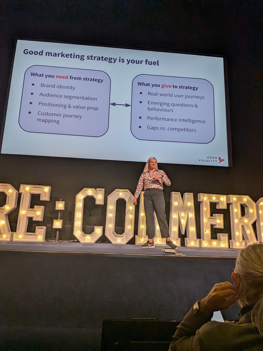 A strong marketing strategy isn’t just abt what you get-it’s abt what you give too. 
You need: identity, segmentation, positioning, journey maps. 
You give: real user journeys, new behaviors, performance gaps
Strategy = a two-way street
 <a href="/BethanVincent/">Bethan Vincent</a> at #ReCommerce by @reSignle