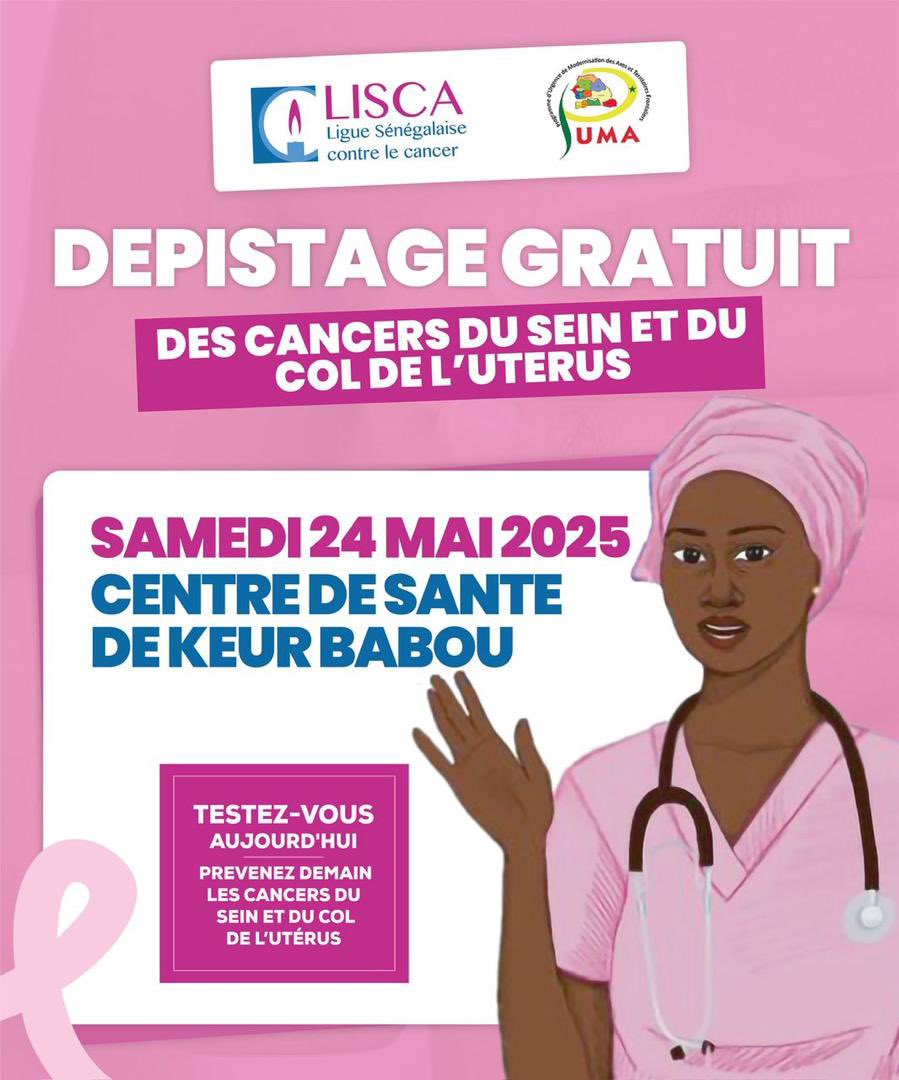 lisca_sn's tweet photo. 🎗 Dépistage gratuit 🎗
La LISCA &amp; le PUMA vous donnent rendez-vous à Kaffrine pour une campagne contre les cancers du sein &amp; du col.
📍20/05 Kaffrine
📍22/05 Maka G. Wolof
📍24/05 Keur Babou
💡 Gratuit, confidentiel, sans douleur.
Venez nombreuses ! 💪
#luttecontrelecancer https://t.co/wsQ8TZXzaC