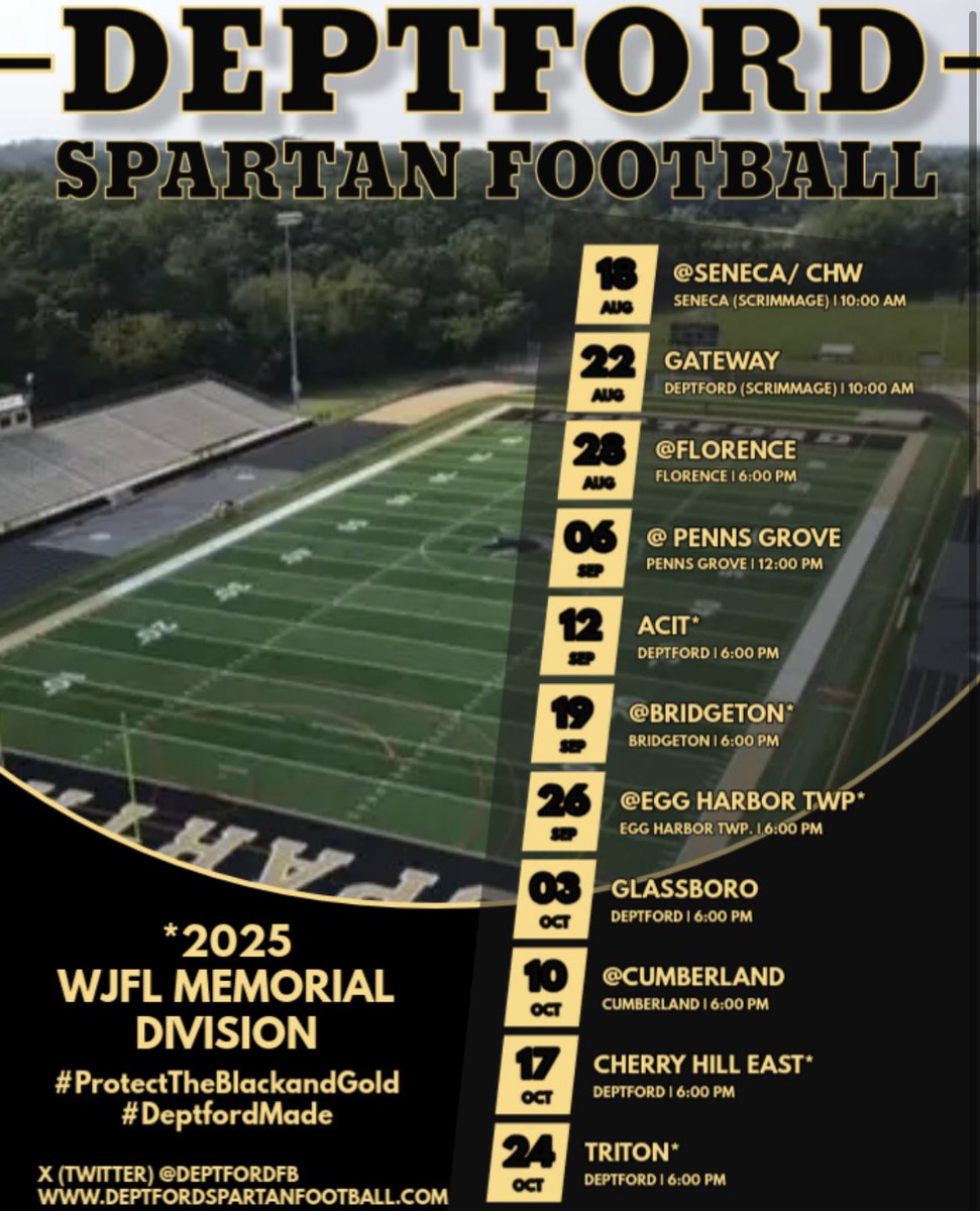 Deptford Spartan Football (@deptfordfb) on Twitter photo Countdown to Scrimmage #1 vs. <a href="/senecafootball/">Seneca Football</a> & @CHWestFB1 August 18th, 10:00am…14 Weeks until we open on the road <a href="/FTSD_football/">Florence Football</a>!!! FIGHT-ON SPARTANS!!! 🏈⏱️#ProtectTheBlackAndGold <a href="/DTHS_Athletics/">DTHS Athletics</a> <a href="/deptfordschools/">Deptford Township School District</a> Countdown to Scrimmage #1 vs. <a href="/senecafootball/">Seneca Football</a> & @CHWestFB1 August 18th, 10:00am…14 Weeks until we open on the road <a href="/FTSD_football/">Florence Football</a>!!! FIGHT-ON SPARTANS!!! 🏈⏱️#ProtectTheBlackAndGold <a href="/DTHS_Athletics/">DTHS Athletics</a> <a href="/deptfordschools/">Deptford Township School District</a>