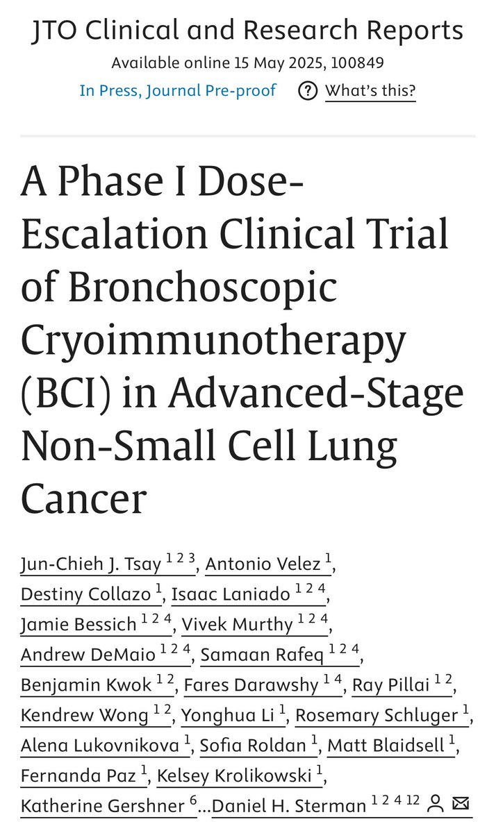 Tsay and colleagues demonstrate that bronchoscopic cryoimmunotherapy is safe and feasible. Possibly paving the to safely deliver cancer care through novel mechanisms. #lung #research #cancer #lungcancer