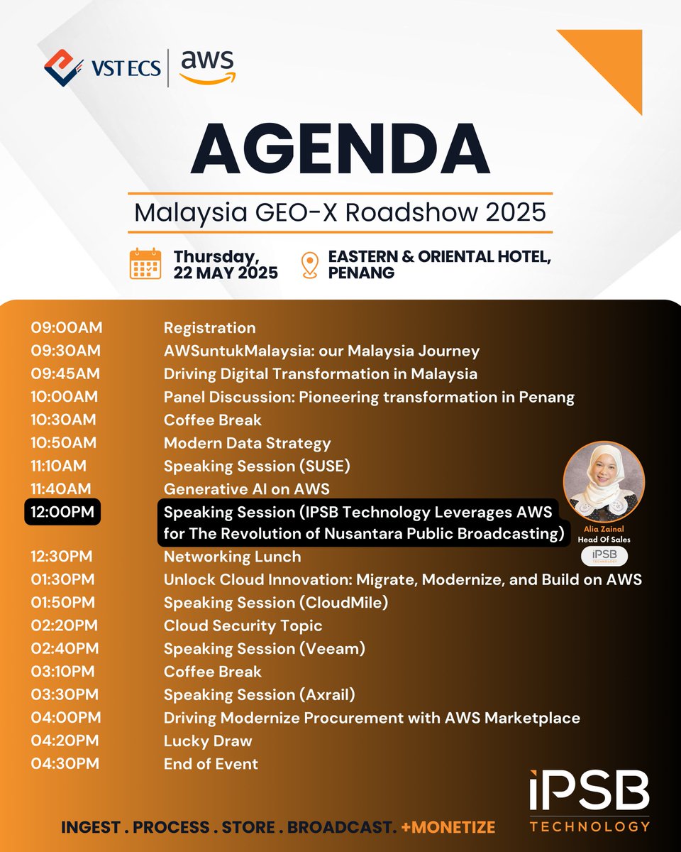 IPSBTechnology's tweet photo. Join us at the Malaysia GEO-X Roadshow 2025 – Penang Edition to explore digital transformation. Hear Alia Zainal, our Head of Sales, on how IPSB Technology and AWS are revolutionising Nusantara broadcasting. Let's connect! #IPSB #AWS #Media #Penang #roadshow https://t.co/qS0U2AW7uf