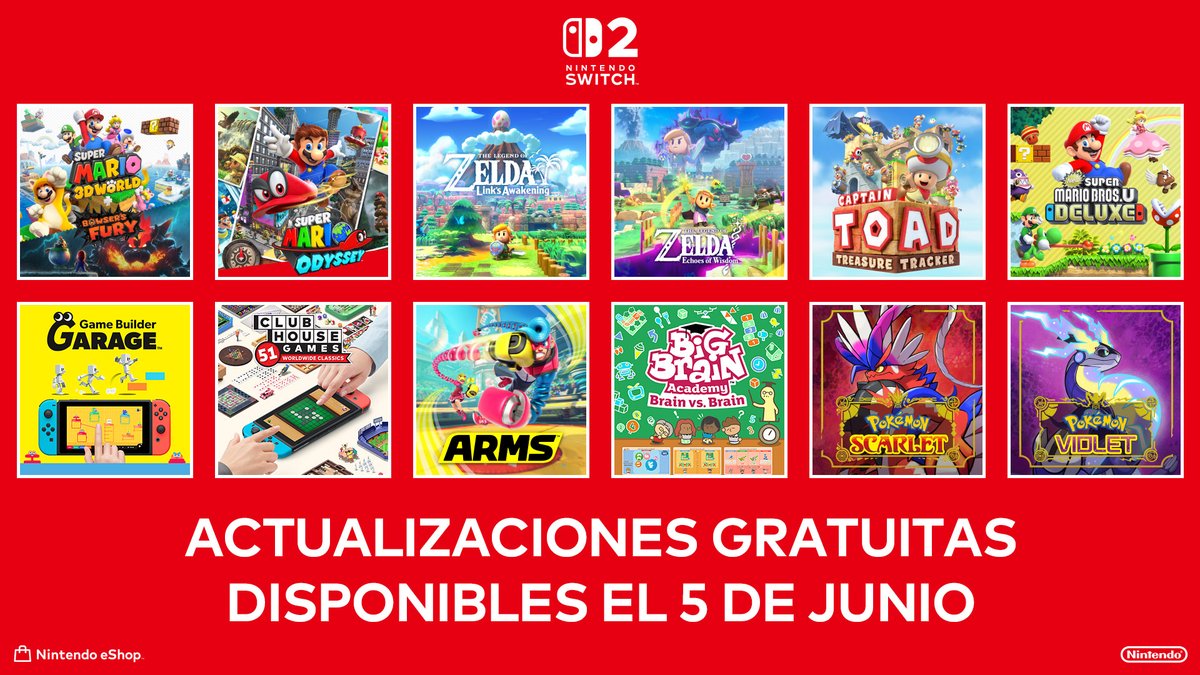 #SuperMarioOdyssey, #PokemonScarletViolet y otros juegos seleccionados de Nintendo Switch recibirán actualizaciones gratuitas el 5 de junio para mejorar la experiencia de juego en #NintendoSwitch2.

Más información: nintendo.com/es-mx/gaming-s…