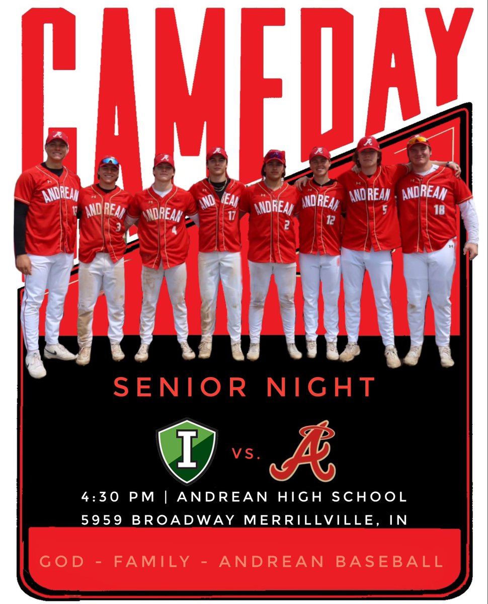 59ers Baseball (@andreanbaseball) on Twitter photo ⚾️⚾️GAMEDAY on BROADWAY⚾️⚾️
Back in action vs. <a href="/IllianaBaseball/">Illiana Christian Baseball</a> for our Senior Night tonight. First pitch is set for 4:30PM, but come early as we honor & acknowledge our 8 great seniors! #Work2Do #GodFamilyAndreanBaseball
🆚Illiana Christian Vikings
📍 5959 Broadway
⏰ 4:30PM ⚾️⚾️GAMEDAY on BROADWAY⚾️⚾️
Back in action vs. <a href="/IllianaBaseball/">Illiana Christian Baseball</a> for our Senior Night tonight. First pitch is set for 4:30PM, but come early as we honor & acknowledge our 8 great seniors! #Work2Do #GodFamilyAndreanBaseball
🆚Illiana Christian Vikings
📍 5959 Broadway
⏰ 4:30PM