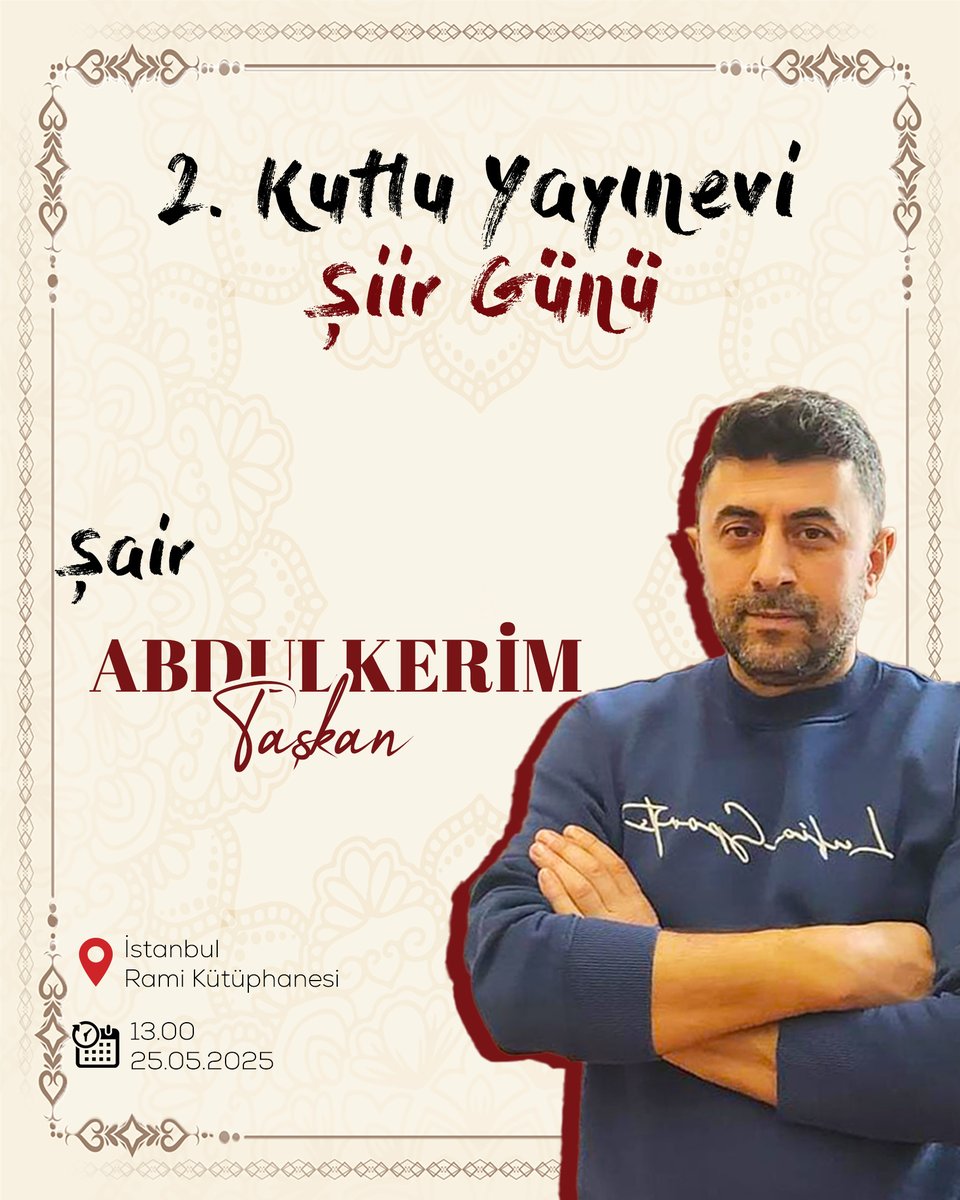 Şair Abdulkerim Taşkan "2. Kutlu Yayınevi Şiir Günü"nde şiirseverlerle buluşacak.

#AbdulkerimTaşkan #kutluyayınevi #kutluyayınevişiirgünü