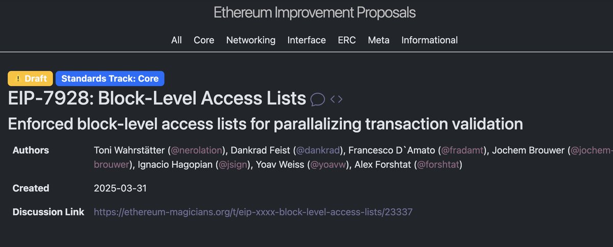 NEW EIP TO SCALE THE ETHEREUM L1 🚨 

EIP-7928: Block-Level Access Lists (BALs)
parallel disk reads &amp; parallel execution