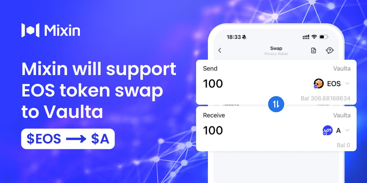 Mixin Kernel (@mixinkernel) on Twitter photo ๐ Mixin fully supports the EOS rebranding to <a href="/Vaulta_/">Vaulta (prev. EOS)</a> ($A), enabling seamless token swaps with no loss.
๐ Swap easily via <a href="/MixinMessenger/">Mixin Messenger</a>'s built-in trading feature at a 1:1 ratio ($EOS: $A).
Mixin announcement: support.mixin.one/en/article/annโฆ
For more info, please visit #Vaulta ๐ Mixin fully supports the EOS rebranding to <a href="/Vaulta_/">Vaulta (prev. EOS)</a> ($A), enabling seamless token swaps with no loss.
๐ Swap easily via <a href="/MixinMessenger/">Mixin Messenger</a>'s built-in trading feature at a 1:1 ratio ($EOS: $A).
Mixin announcement: support.mixin.one/en/article/annโฆ
For more info, please visit #Vaulta
