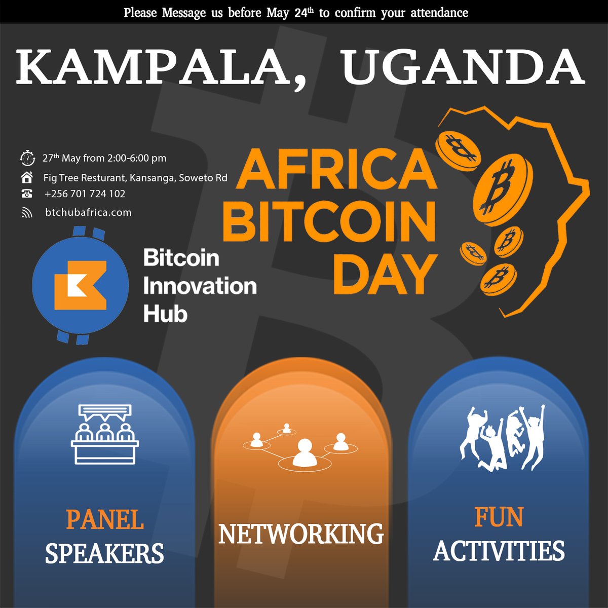 African bitcoin Day Exciting news for bitcoin Enthusiasts in Kampala,  Uganda. Bitcoin Innovation Hub is hosting Africa Bitcoin Day and will be  celebrated in Fig tree Restaurant in kansanga Soweto Rd.