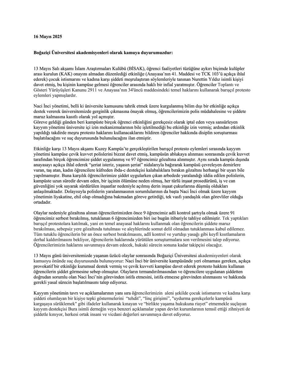 16 Mayıs 2025 - Boğaziçi Üniversitesi akademisyenleri olarak kamuya duyurumuzdur 👇🏽