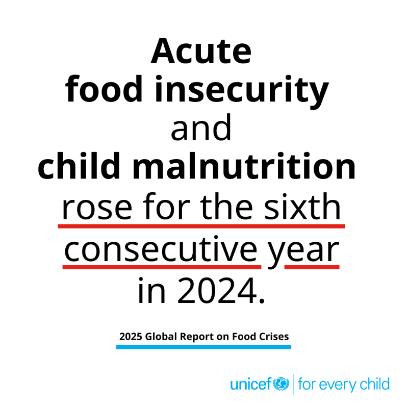 UNICEF's tweet photo. In 2024, nearly 38 million children under five were acutely malnourished across 26 nutrition crises.

“We cannot respond to empty stomachs with empty hands and turned backs.” - @antonioguterres

Learn more. ⬇️