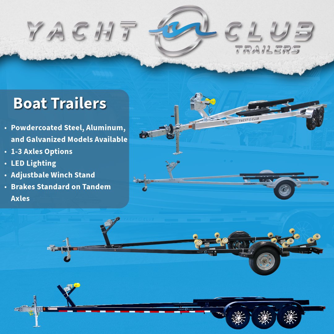 Yacht Club Boat Trailers
Durable - Fully Welded Frame.
Sleek - Powder Coat or Galvanized finish.
Multi Adjustable - Winch stand, Bunks, Axle setting.
Yacht Club Boat Trailers have it all! Get yours now!

#YachtClubBoatTrailers #YachtClubTrailers