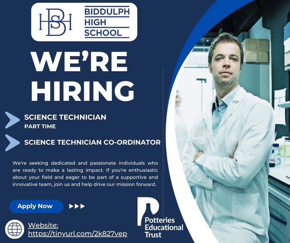 🔬 Join <a href="/BiddulphHigh/">Biddulph High School and Sixth Form</a> 🔬

We’re hiring:

➡️ Science Technician 
➡️ Technician Co-ordinator

Love science? Organised &amp; enthusiastic? Apply now: tinyurl.com/2k827vep

#SchoolJobs #STEMCareers #BiddulphHighSchool