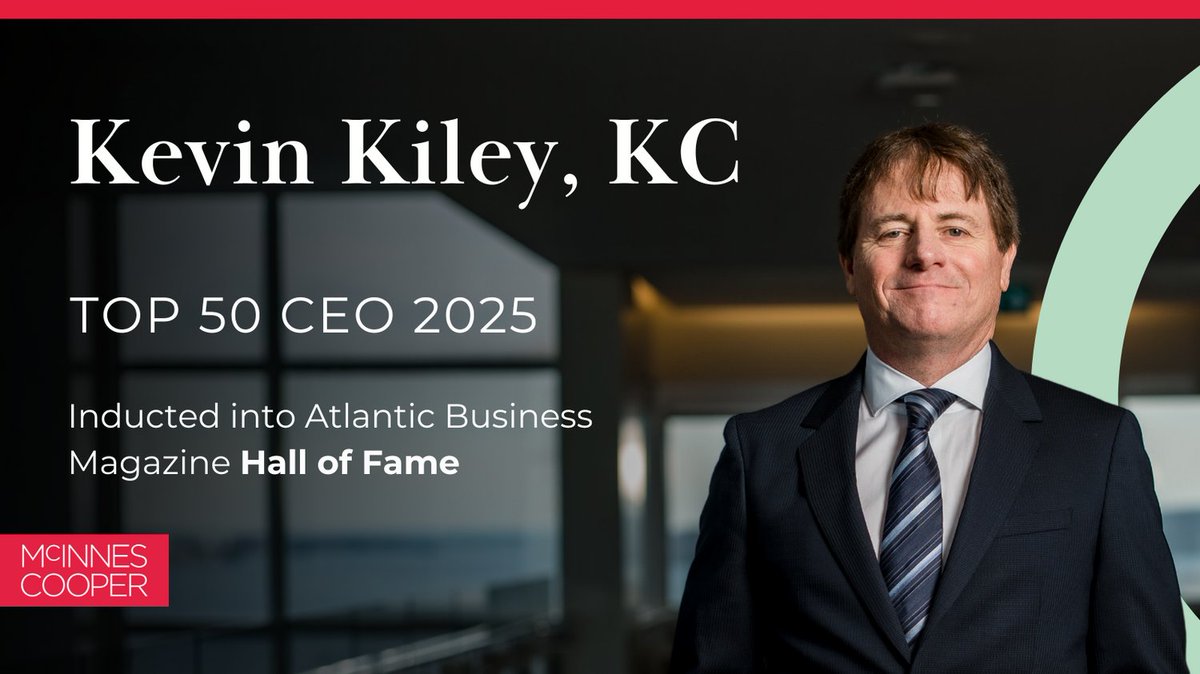 Congratulations to our Managing Partner, Kevin Kiley, KC, for being named one of Atlantic Business Magazine’s Top 50 CEOs for 2025! As a five-time award winner, Kevin was inducted into the Top 50 CEO Hall of Fame at last night’s gala. Read more: mcinnescooper.com/news/kevin-kil…